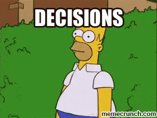 GIF of Homer Simpson backing into a hedge with the text overlay, "DECISIONS."