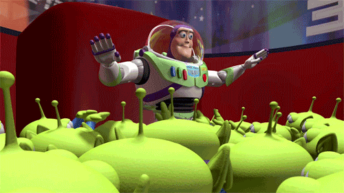 GIF of Buzz Lightyear gathering a group of green aliens in Toy Story