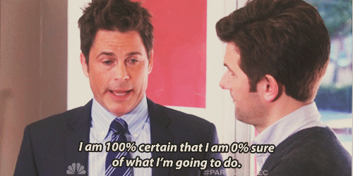 GIF of Chris from Parks and Rec saying, "I am 100% certain that I am 0% sure of what I'm going to do."