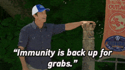 GIF of Survivor host Jeff Probst saying, "Immunity is back up for grabs."