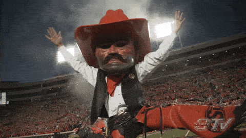 GIF of Pistol Pete celebrating on the football field with a "Pistols Firing" gesture