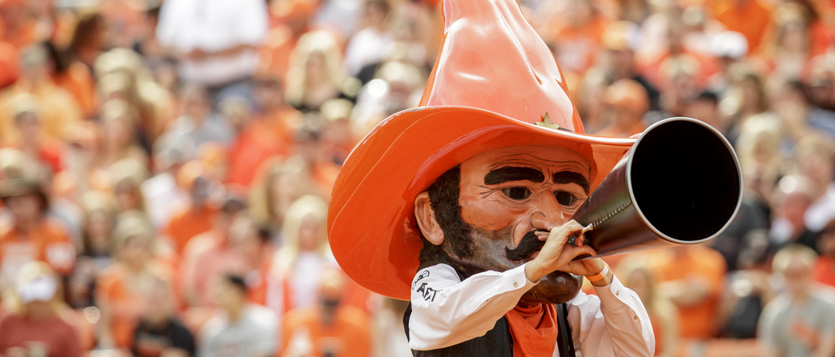 Pistol Pete on field in Boone Pickens Stadium