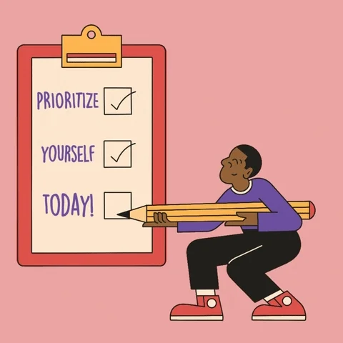 Cartoon checking off prioritizing self on a checklist Cartoon checking off prioritizing self on a checklist